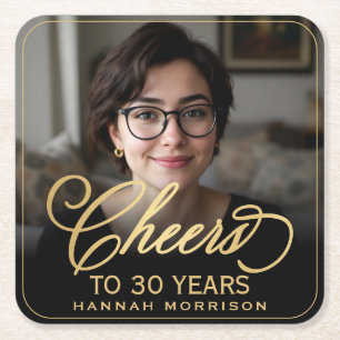Porta-copo De Papel Quadrado Anima-se a 30 anos Foto de aniversário Dourada Pre