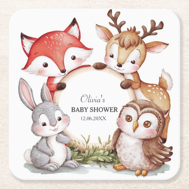 Porta-copo De Papel Quadrado Animais da Floresta Chá de fraldas (Frente)