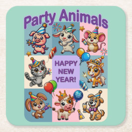 Porta-copo De Papel Quadrado Animais de festa "Feliz ano novo"
