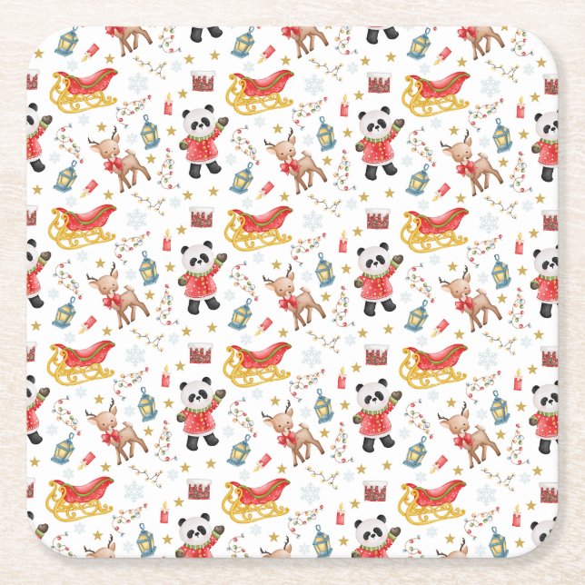 Porta-copo De Papel Quadrado Animais de Natal (Frente)