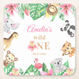 Porta-copo De Papel Quadrado Animais de Safari Floral Rosa Aniversário