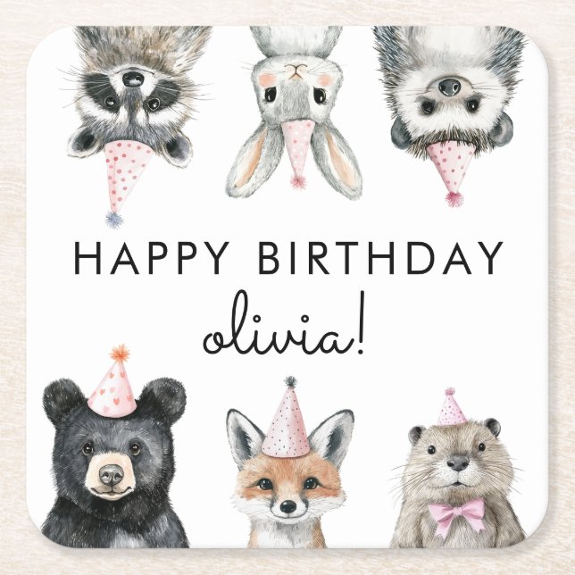 Porta-copo De Papel Quadrado Animais do Partido Woodland (Frente)