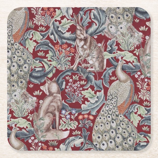 Porta-copo De Papel Quadrado Animais Florestais, William Morris (Frente)