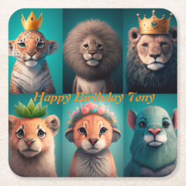 Porta-copo De Papel Quadrado Animais selvagens brancos vestindo coroa azul