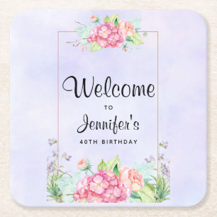 Porta-copo De Papel Quadrado Aniversário da Moldura Floral de Cor de Água Rosa