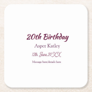 Porta-copo De Papel Quadrado aniversário de 20 anos rosa roxo nome data mensage