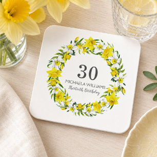 Porta-copo De Papel Quadrado Aniversário de 30 anos Daffodil Wreath branco-amar