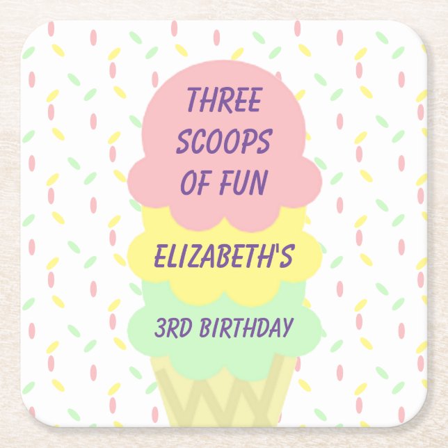 Porta-copo De Papel Quadrado aniversário de 3 anos sorvete (Frente)