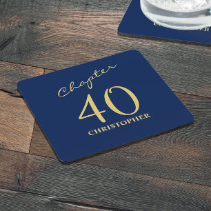 Porta-copo De Papel Quadrado aniversário de 40 anos Azul Dourado Capítulo 40