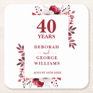 Porta-copo De Papel Quadrado Aniversário de 40 anos de casamento Ruby Elegant F