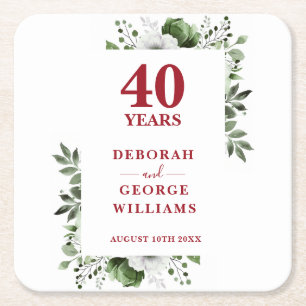 Porta-copo De Papel Quadrado Aniversário de 40 anos de casamento Ruby Elegant F