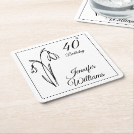 Porta-copo De Papel Quadrado Aniversário de 40 anos Snowdrop Floral Preto e Bra