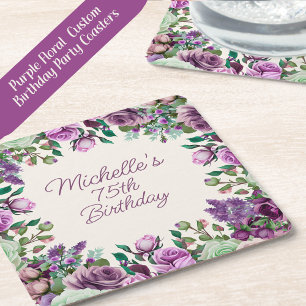Porta-copo De Papel Quadrado Aniversário de 75 anos em Floral Aquarela Roxo Ver