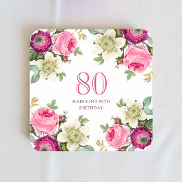 Porta-copo De Papel Quadrado Aniversário de 80 Floral Rosa