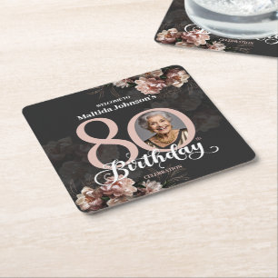 Porta-copo De Papel Quadrado Aniversário de 80 Floral Rosa