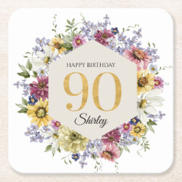 Porta-copo De Papel Quadrado Aniversário de 90 anos personalizado Wildflower