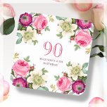 Porta-copo De Papel Quadrado Aniversário de 90 Floral Rosa<br><div class="desc">Portas copos de Festa de aniversário Floral rosa.</div>