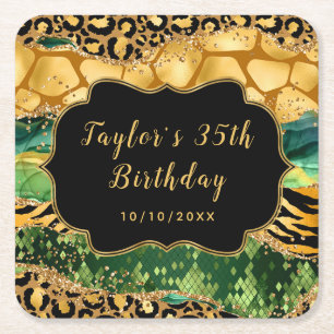 Porta-copo De Papel Quadrado Aniversário de Ágata Safari Dourado e Verde