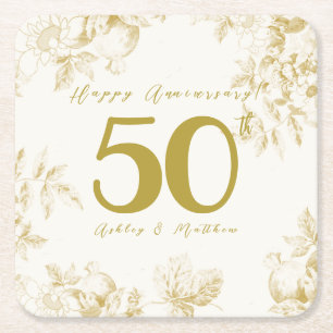 Porta-copo De Papel Quadrado Aniversário de casamento dourado vintage com scrip