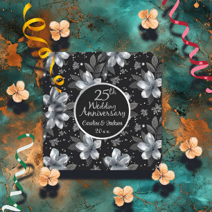 Porta-copo De Papel Quadrado Aniversário de Casamento Floral do 25 Silver Glitt