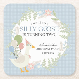 Porta-copo De Papel Quadrado Aniversário de Gingham Floral de Ganso Bobo Azul