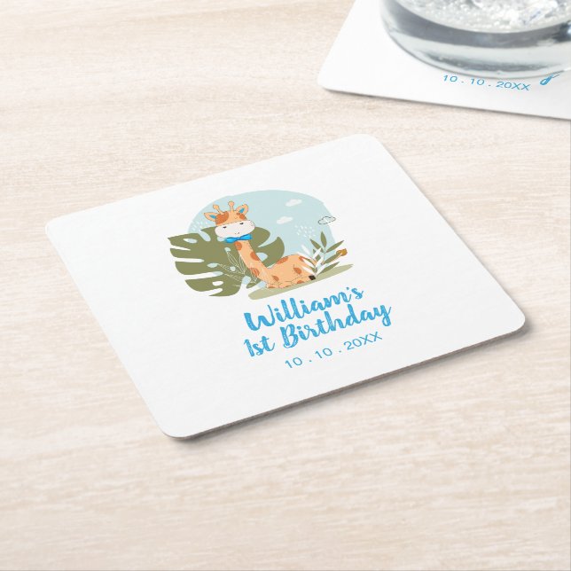 Porta-copo De Papel Quadrado Aniversário de Little Giraffe (Boy Safari Animal) (Inclinado)