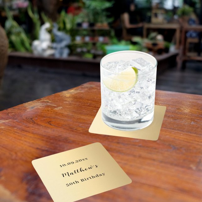 Porta-copo De Papel Quadrado aniversário de script de nome Dourado (Criador carregado)