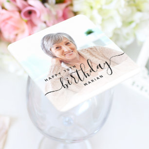 Porta-copo De Papel Quadrado Aniversário do 70 de Script Preto Personalizado