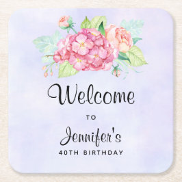 Porta-copo De Papel Quadrado Aniversário do Buquê de Flor de Aquarela Rosa Eleg