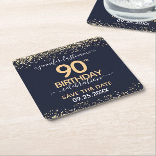 Porta-copo De Papel Quadrado Aniversário do Glitter 90 Dourado Salvar a Data