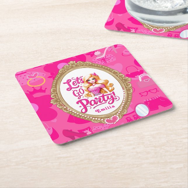 Porta-copo De Papel Quadrado Aniversário do Vamos de Bonecas Retro Rosa Girly (Inclinado)