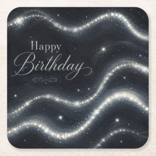 Porta-copo De Papel Quadrado Aniversário Elegante Preto Prata Diamante Ondas