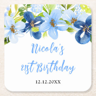 Porta-copo De Papel Quadrado Aniversário Floral Azul Bebê e Marinho