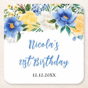 Porta-copo De Papel Quadrado Aniversário Floral Azul e Amarelo