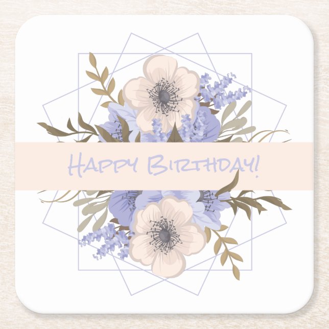 Porta-copo De Papel Quadrado Aniversário Floral Peach Violeta Cinco Rosa Selvag (Frente)