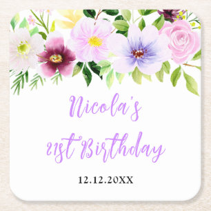Porta-copo De Papel Quadrado Aniversário Floral Roxa de Primavera