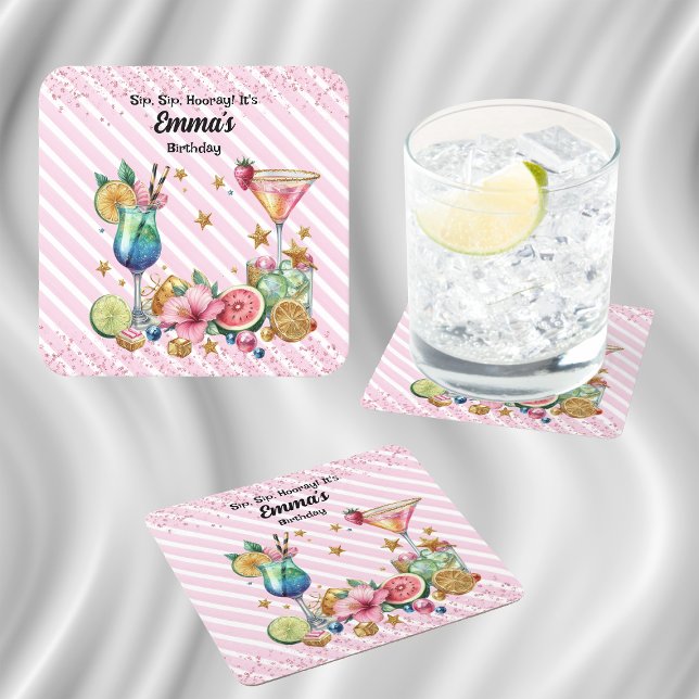 Porta-copo De Papel Quadrado Aniversário Glitter de Cocktail Rosa (Criador carregado)
