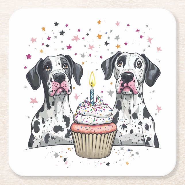 Porta-copo De Papel Quadrado Aniversário, Grande Cupcake de Cães Dane (Frente)