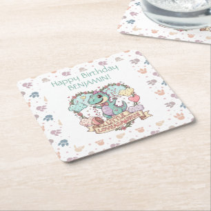 Porta-copo De Papel Quadrado Aniversário Personalizado do Pequeno Dinossauro