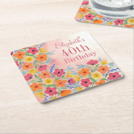Porta-copo De Papel Quadrado Aniversário Personalizado Floral de Cor de Água Ro