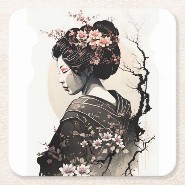 Porta-copo De Papel Quadrado Anmutige japanische Geisha -  (Frente)