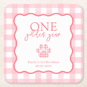 Porta-copo De Papel Quadrado Ano Dourado de Gingham Rosa para Meninas no Primei