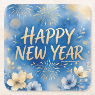 Porta-copo De Papel Quadrado Ano Novo Artístico com Aquarela,Fogos de Artifício