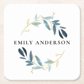 PORTA-COPO DE PAPEL QUADRADO AQUA AZUL FOLIAGE DOURADO WATERCOLOR WREATH