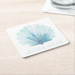 Porta-copo De Papel Quadrado Aqua Blue e White Coastal Seashell Personalizado