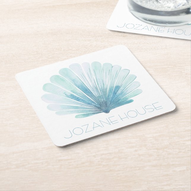 Porta-copo De Papel Quadrado Aqua Blue e White Coastal Seashell Personalizado (Inclinado)