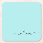 Porta-copo De Papel Quadrado Aqua Blue Teal Modern Script Girly Monographic Nam<br><div class="desc">Portas copos De Papel De Nome Simples De Script De Teal Azul Aqua. Isso faz a formatura perfeita,  aniversário,  casamento,  chá de panela,  aniversário,  chá de fraldas ou presente de festa de solteira para alguém que ama luxo de vidro e estilos quíticos.</div>