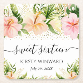 Porta-copo De Papel Quadrado Aquarela Boho Flores Tropicais Rosa Doce 16