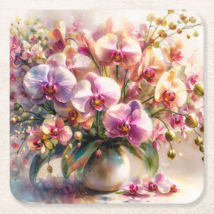 Porta-copo De Papel Quadrado Aquarela Botânica - Arte Floral de Orquídea