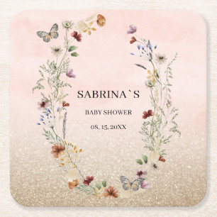 Porta-copo De Papel Quadrado Aquarela chá de fraldas de flor selvagem e borbole